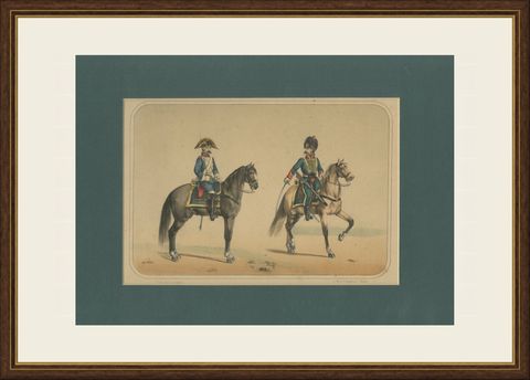 Spanish Cavalry Lithograph by José Villegas: Dragoon and Hussar, 1861, shown framed