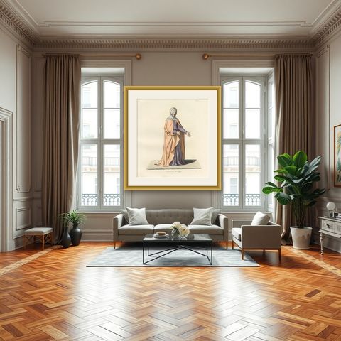 Medieval Costume Print 1845, Noblewoman in Peach and Lavender Robes, shown framed in a room