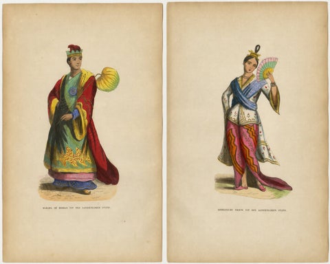 Burmese Nobleman & Noblewoman Costume Prints, Hand-Colored Pair, 1854