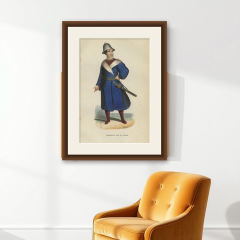 Antique Costume Print Mongol Kalmyk Warrior, Hand-Colored, 1854, shown framed on a wall