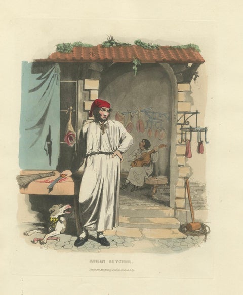 Costume Print: Roman Butcher at Work, 1820s Hand-Colored Engraving, close-up 6