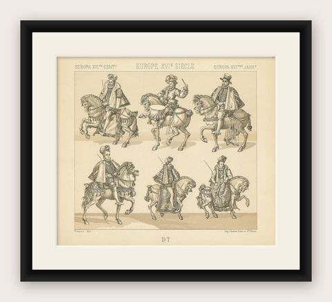 Pl. 57 Antique Print of European 16th Century Battle Costumes by Racinet, shown framed