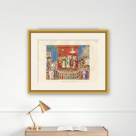 Medieval Coronation Ceremony, Hand-Colored Costume Plate by Paul Mercuri, 1845, shown framed on a wall