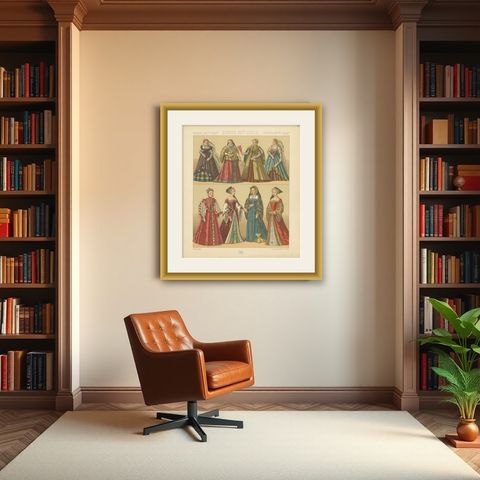 Pl. 64 Antique Print of European XVIth Century Costumes by Racinet, circa 1880, shown framed in a room