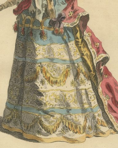 Mademoiselle de Chartres in 1700 in Court Dress, Jefferys Costume Plate, 1757, close-up 2