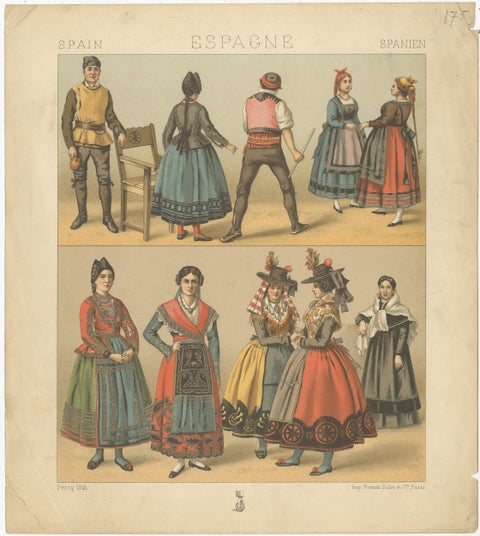 Pl. 175 Antique Print of Spanish Costumes by Racinet, 'circa 1880', view 2