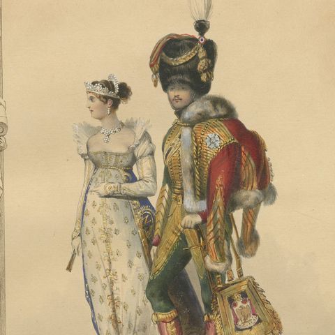 French First Empire Court Costume Lithograph, 1807, Published 1847, close-up 2