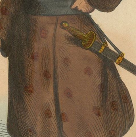 Traditional Eleuth Warrior Attire in 1844 Hand-Colored Lithograph, close-up 6