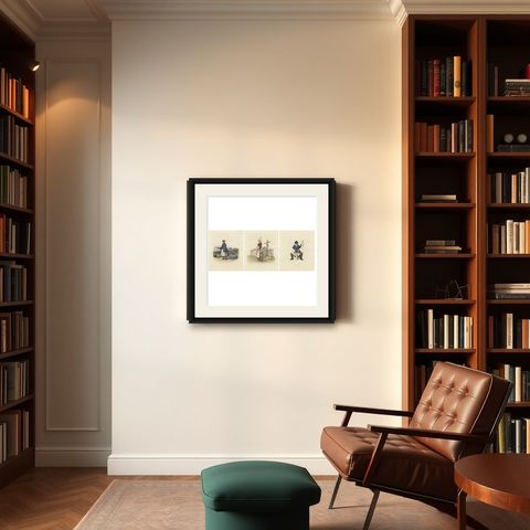 French Costumes and Trades, 3 Finely Coloured Prints by R. Bridgens, 1835, shown framed in a room