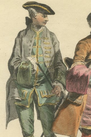 Three English Gentlemen of 1735, 1745 and 1755, Jefferys Costume Print, 1757, close-up 1