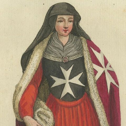 Pre-Rhodes Hospitaller Nun: 1791 Colored Engraving of Historic Ceremonial Dress, close-up 3