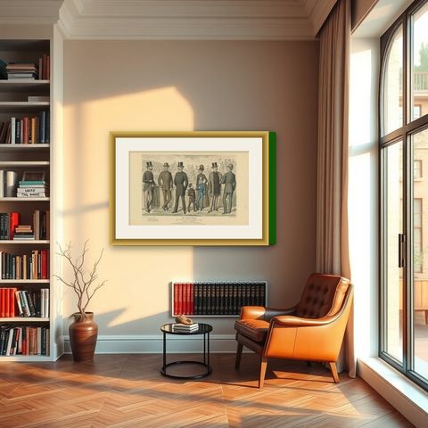 Antique Fashion Print Published in September, 1886, shown framed in a room