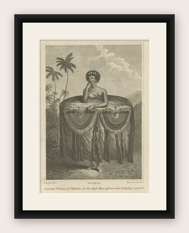 Ceremonial Grace: The Gift-Bearing Attire of a Tahitian Woman in 1799, shown framed