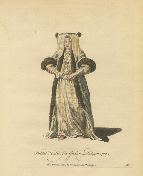 Antique Costume Print Grecian Lady Bridal Dress Jefferys, 1749, close-up 1
