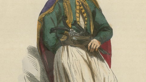 Greek Gentleman in Traditional Costume - Antique Hand-Colored Lithograph, 1852, close-up 2