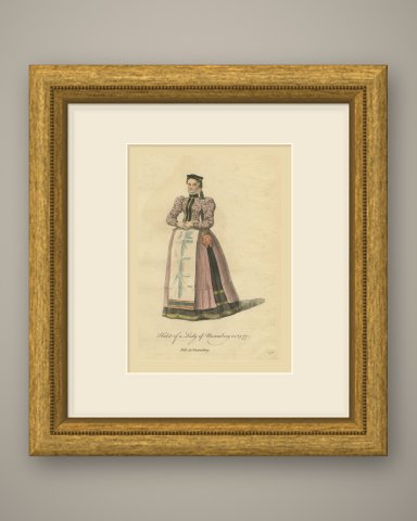 Lady of Nuremberg in Flowered Bodice and Pink Skirt, Costume of 1577, 1757, shown framed