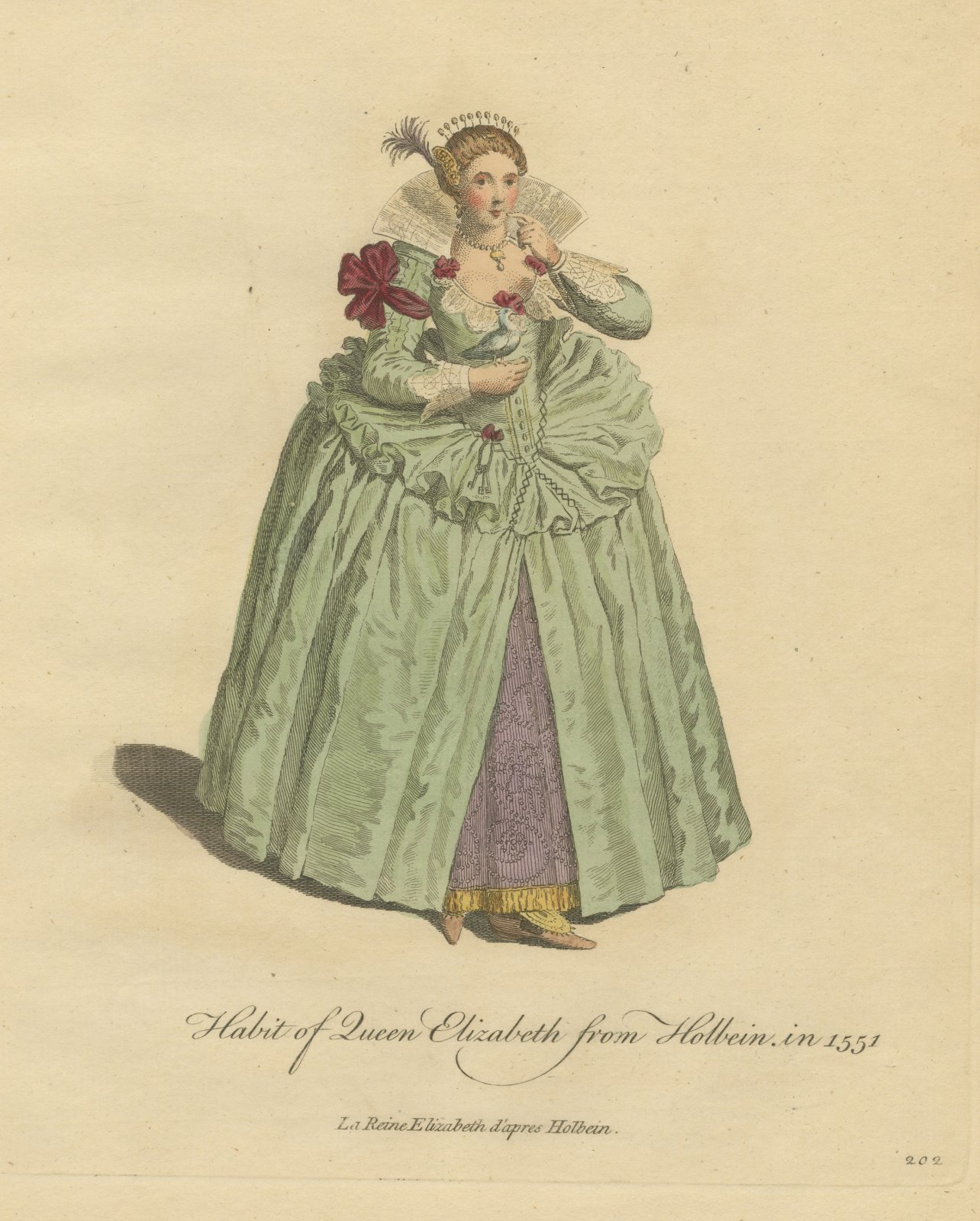 Habit of Queen Elizabeth from Holbein in 1551, Jefferys Costume Plate, 1757