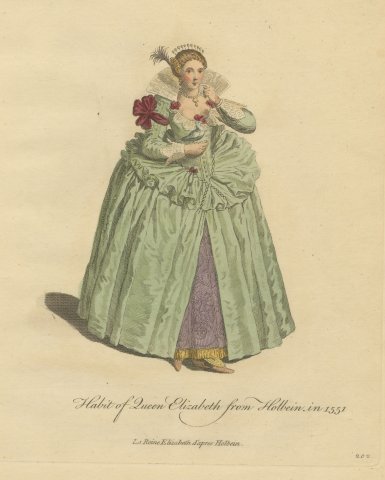 Habit of Queen Elizabeth from Holbein in 1551, Jefferys Costume Plate, 1757