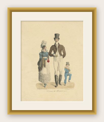 Costume de Printemps, Elegant Early 19th-Century French Fashion Engraving, shown framed