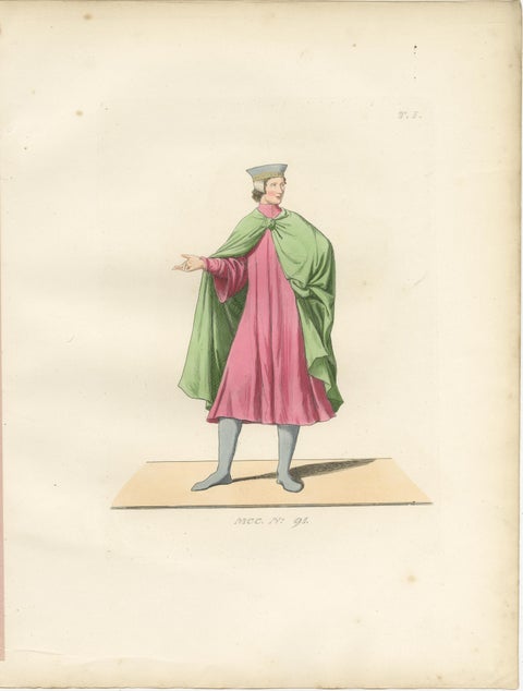 Historic Costume Print 1845, Renaissance Youth in Tunic and Cloak, view 2