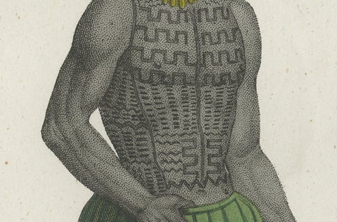 Antique Costume Print of Tattooed Man from Byron Island, 1854, close-up 3