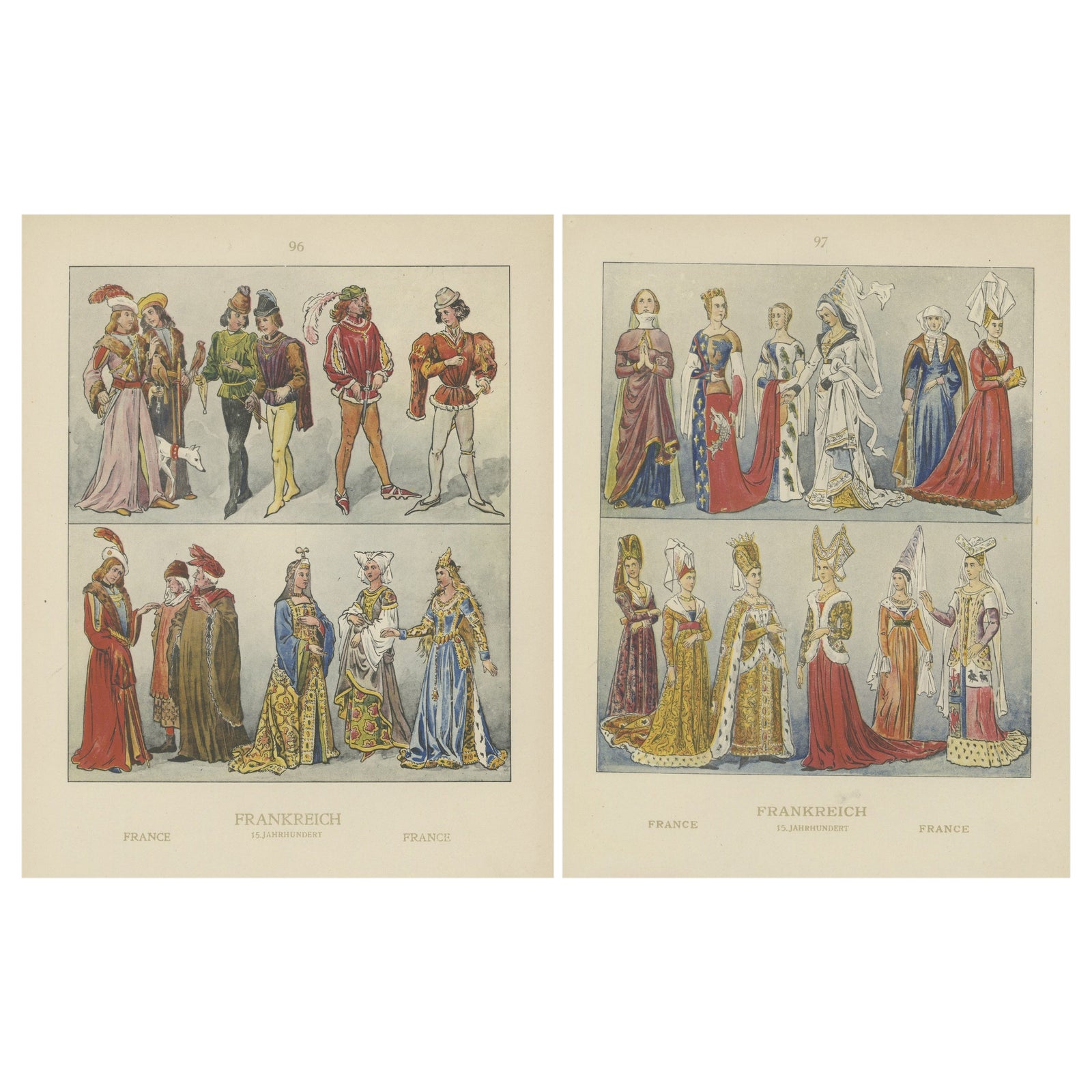 France 15th Century, Pair of Antique Hand-Colored Costume Prints, Published 1880