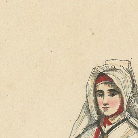 Antique Costume Print of Inhabitants of Brittany by Wahlen, 1843, close-up 1