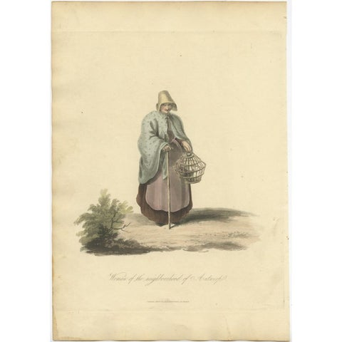 Antique Handcolored Engraving of a Woman of Antwerp, Belgium, 1817, view 2