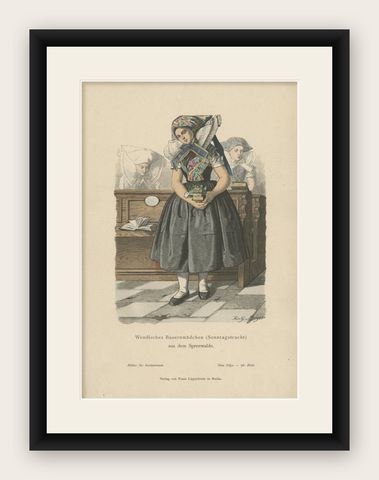 Antique Costume Print of a Peasant Girl from Spreewald in Germany, c.1880, shown framed
