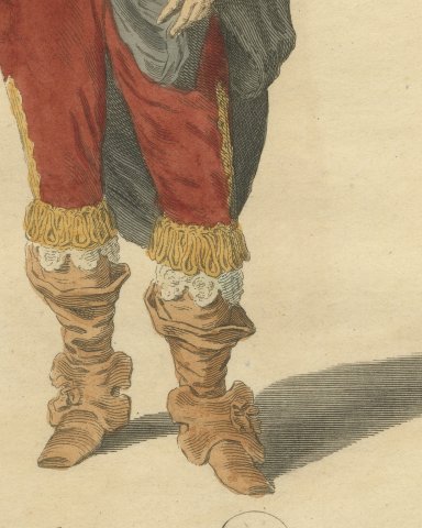 English Nobleman in 1640, Cavalier Dress with Plumed Hat, Jefferys Print, 1757, close-up 3