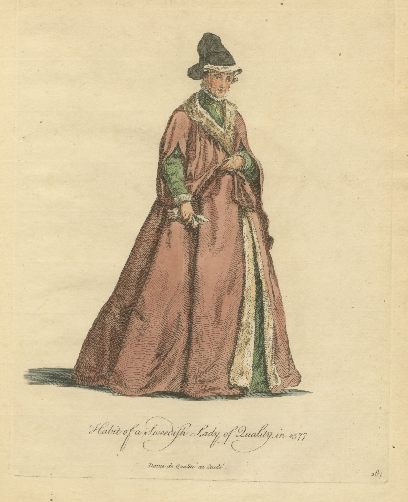 Habit of a Swedish Lady of Quality in 1577, Jefferys Costume Plate, 1757