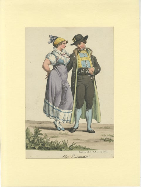 Upper Austria Folk Costume Couple, Antique Lithograph, Trentsensky c.1825, view 2