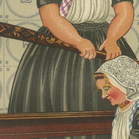 Walcheren Town Dress: Middelburg-Ambacht Women at a Cheese Press, 1932, close-up 6