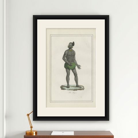 Antique Costume Print of Tattooed Man from Byron Island, 1854, shown framed on a wall