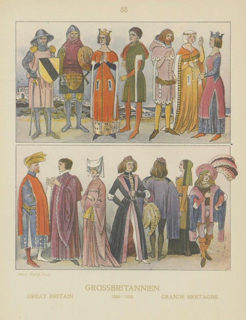 Great Britain 1300–1500 Costume Plate, Antique Hand-Colored Print, ca.1880, close-up 1
