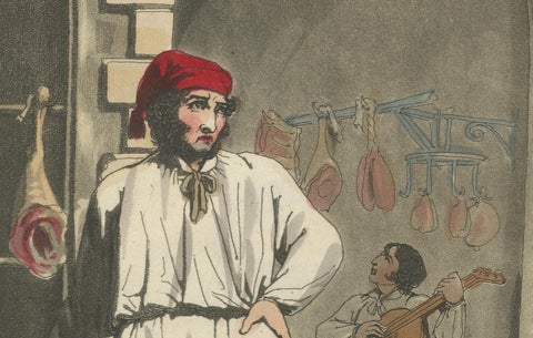 Costume Print: Roman Butcher at Work, 1820s Hand-Colored Engraving, close-up 4