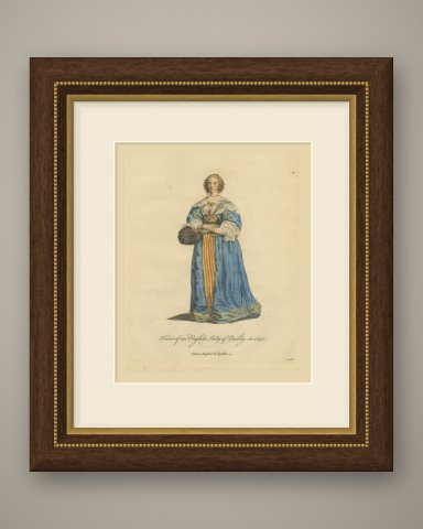 English Lady of Quality in 1640 with Feather Fan, Jefferys Costume Print, 1757, shown framed