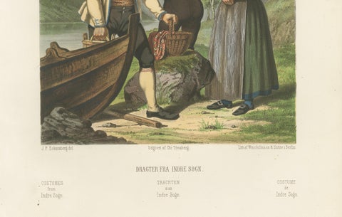 Norwegian Boatmen and Women in Sogn Costume, Scenic Folk Illustration, c.1860, close-up 1