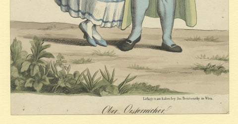 Upper Austria Folk Costume Couple, Antique Lithograph, Trentsensky c.1825, close-up 3