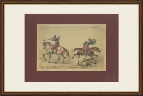 Spanish Cavalry Lithograph by José Rubio y Villegas: Medieval Cavalry, 1861, shown framed