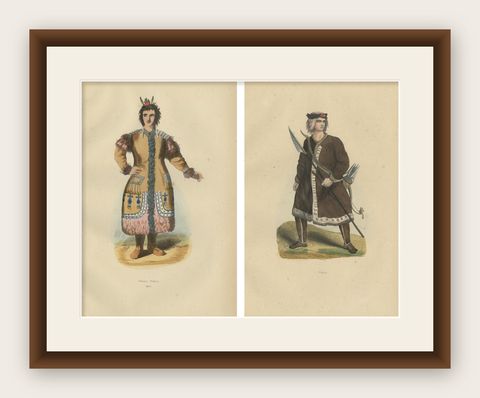Yakut People in Traditional Attire, 1844 Handcolored Lithographs, shown framed