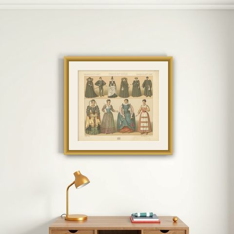 Pl. 70 Antique Print of French 16th Century Costumes by Racinet, circa 1880, shown framed on a wall