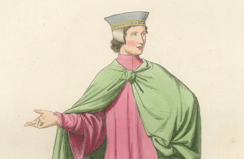 Historic Costume Print 1845, Renaissance Youth in Tunic and Cloak, close-up 2