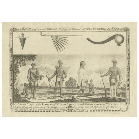 Indians of North America, Dress and Weapons, Millar Geography Engraving, c.1782