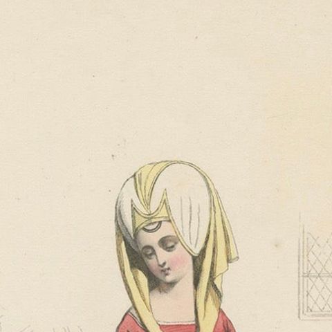 Antique French Costume Print of Medieval Chambermaid, Hand-Colored, 19th Century, close-up 5