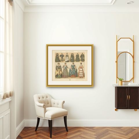 Pl. 70 Antique Print of French 16th Century Costumes by Racinet, circa 1880, shown framed in a room