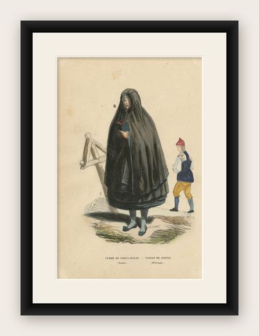 Antique Costume Print of a Female and Peasant in Scandinavian Costume by Wahlen, shown framed