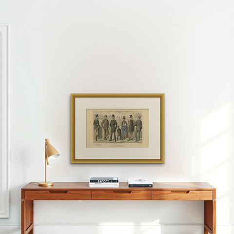 Antique Fashion Print Published in September, 1886, shown framed on a wall