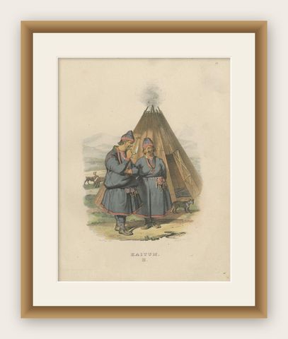 Antique Costume Print of Kaitum, Lapland in Sweden by Sandberg, circa 1864, shown framed