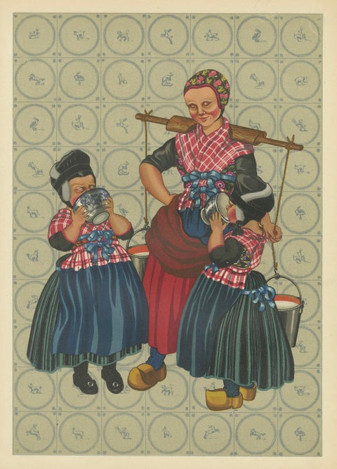 Dutch Folk Costume Print, Everyday Staphorst Dress with Children and Milkmaid, close-up 5
